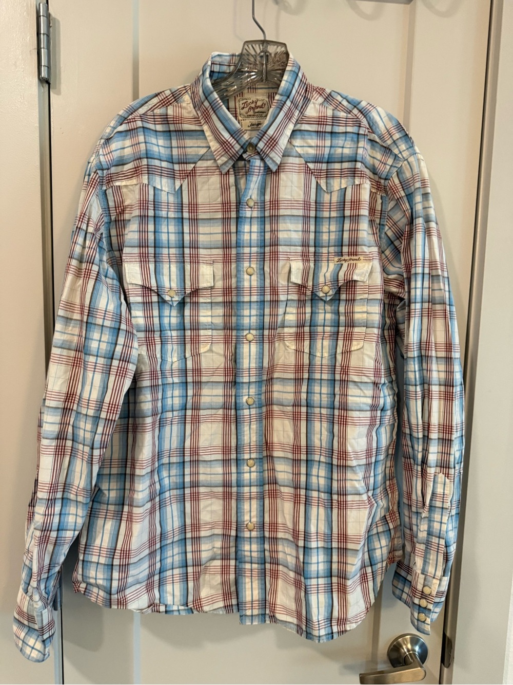 Lucky Brand Men's Plaid Button-Down Shirt in White, Blue & Red